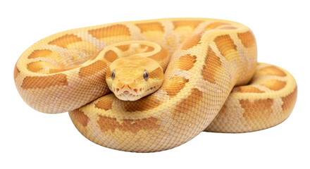 Isolated albino boa constrictor snake curled up in studio, tan and yellow pattern, scaled skin