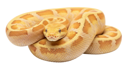 Isolated albino boa constrictor snake curled up in studio, tan and yellow pattern, scaled skin