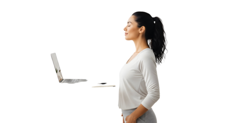 Woman taking a mindful break from her laptop, breathing deeply with closed eyes in a white space