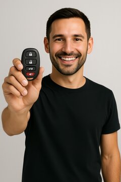 Man In Black T Shirt Holds Generic 4 Button Car Key Fob After Getting New Car Keys Programmed Generative Illustration
