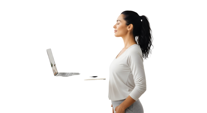 Woman taking a mindful break from her laptop, breathing deeply with closed eyes in a white space