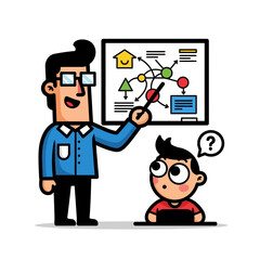 Teacher Explaining Complex Strategy Diagram to Curious Student