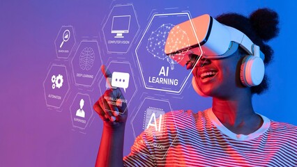 A cheerful young woman experiences the excitement of virtual reality while surrounded by interactive elements showcasing AI learning, symbolizing future technology. Raster