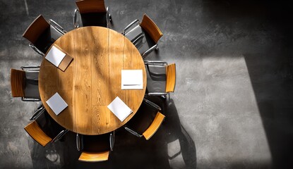 Modern conference room with round wooden table and sleek chairs set for important meeting inviting collaboration and productivity