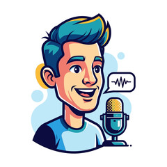 Happy Male Podcaster Speaking into Microphone with Sound Wave Icon - Vector Illustration