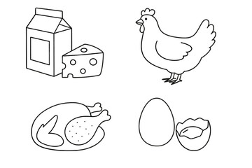 Farm food line icon set. Poultry and dairy products. Chicken, roasted bird, egg, milk, cheese vector outline. Farm fresh ingredients for grocery, market, restaurant menu design.