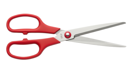 Isolated scissors with red handles are open for cutting paper in school or craft projects