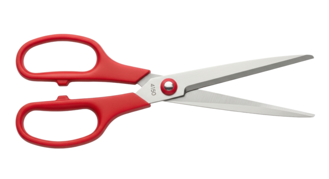 Isolated scissors with red handles are open for cutting paper in school or craft projects