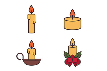 Vector candle icon set for Christmas decoration. Collection of candlelight illustrations for winter holidays. Includes candlestick, tea light, and festive holy candle design.