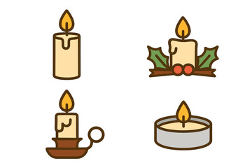 Candle icon set vector illustration. Collection of various candlelight symbols. Pillar, tealight, candlestick, and Christmas holly decoration. Flat outline design element.