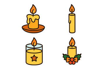 Set of various candles vector icon illustration. Collection with decorative candlelight, Christmas holly decor, melting wax and flame. Symbol of celebration, holiday, cozy.