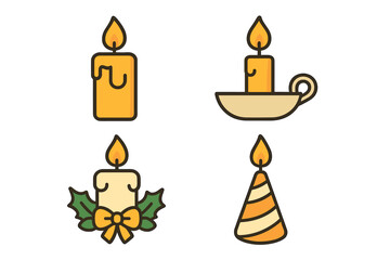 Set of candle vector icons. Christmas candle with holly and bow, birthday party candle, simple wax candle, candle in holder. Light, flame, celebration, holiday decoration.