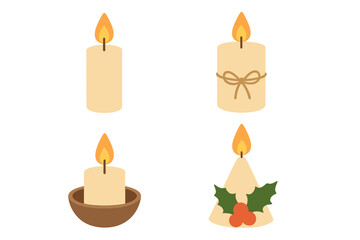 Vector illustration set of simple burning candles. Christmas holiday decoration with holly and berries. Cozy candlelight flame icons for spiritual, memorial or festive design.