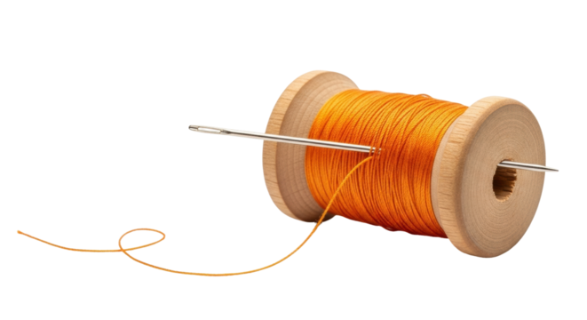 Isolated sewing needle going through a wooden spool with thread or string, a needlework tool