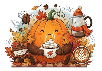 Autumnal coffee break with a cheerful pumpkin and seasonal companions