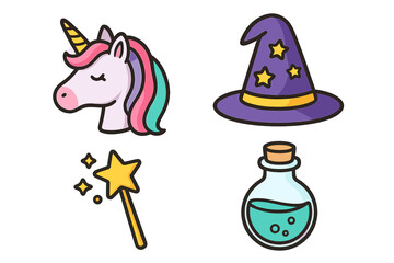 Cute magic icon set with unicorn head, wizard hat, and magic wand. Fantasy vector illustration collection for kids. Cartoon magical elements, potion bottle, and stickers.