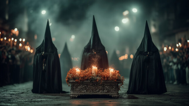 Hooded Figures in a Spanish Holy Week Procession with Lit Candles