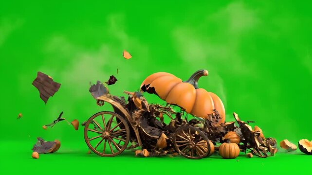 Crashed Pumpkin Carriage Halloween Animation - A 3D animated pumpkin carriage crashes and breaks apart against a green screen background.