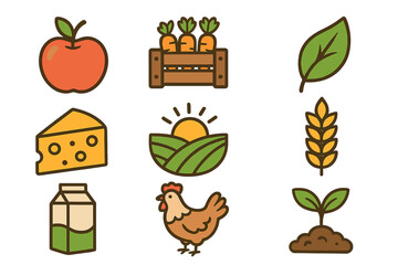 Vector icon set of organic food and farm fresh products. Agriculture line art illustrations for natural groceries, healthy eating, dairy, harvest, and eco friendly food.