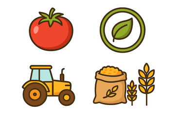 Vector illustration set of food and organic symbols. Farming icons collection with tomato, tractor, wheat, and bio leaf. Agriculture, harvest, and natural product concept.