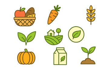 Food and organic logo set. Vector icons for agriculture, farm fresh, natural products, healthy lifestyle. Eco friendly, bio, grocery. Basket, carrot, wheat, pumpkin, milk, plant.