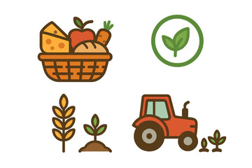 Farm and agriculture icon set. Vector collection of organic food symbols. Harvest basket with produce, tractor, wheat, and plant sprout. Natural farming and healthy eating concept.