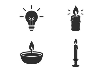 Vector icon set of light sources. Light bulb for new ideas and electricity. Traditional wax candle, oil lamp and candlestick for comparison. Old and new technology silhouette.