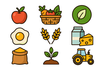 Farm food and organic agriculture vector icons. Healthy eating and fresh produce concepts. Set includes apple, vegetables, basket, egg, wheat, milk, cheese, grain, plant, tractor.