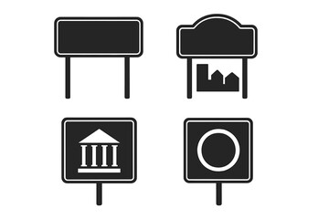 Set of municipal and city center signs. Vector icons for town entrance, bank, or museum. Road sign collection. Information, direction, and traffic symbol illustration. Blank template.