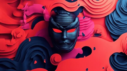Intriguing Dark Mask with Glowing Red Eyes Amidst Abstract Red and Blue Waves