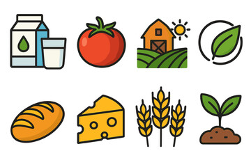 Food and agriculture icon set. Organic farm fresh products concept. Healthy eating. Vector illustration of milk, tomato, bread, cheese, wheat. Natural, eco, bio symbols.