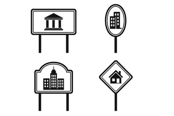 Vector icon set of municipal and city center signs. Collection of urban signposts for bank, courthouse, downtown buildings, and residential home. Real estate and navigation symbols.