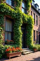 Brick house facade covered with green ivy plants. Red flowers in planters near windows and entrance steps. Exterior urban building in summer nature.