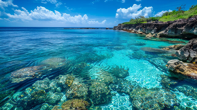 A scenic view of a tropical coastline with crystal clear turquoise water and rocky formations under a blue sky - Powered by Adobe