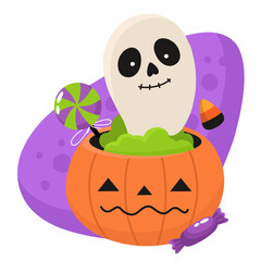 Halloween illustration. Pumpkin and ghost on a purple background. Flat style illustration.