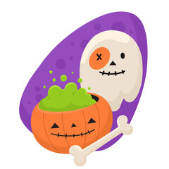 Halloween illustration. Pumpkin and ghost on a purple background. Flat style illustration.