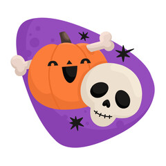 Halloween illustration. Pumpkin and ghost on a purple background. Flat style illustration.