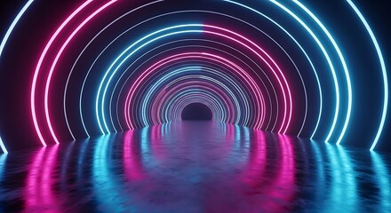 Abstract neon glowing circles creating a tunnel effect with reflective surface generating modern and futuristic