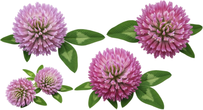 Isolated red clover blossoms and shamrock leaves for design and decoration. Four flowers