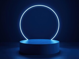 Abstract display platform with neon ring light, modern minimalist stage design concept