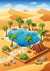 Obraz premium Cartoon Oasis Scene with Palm Trees, Tent and Desert Landscape Illustration