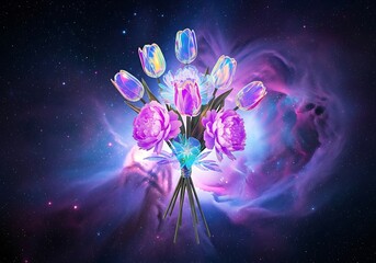 Floral bouquet amidst cosmic expanse shimmering with purple and blue hues creates ethereal artwork
