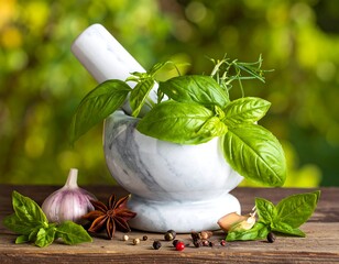 Fresh herbs and spices in a mortar