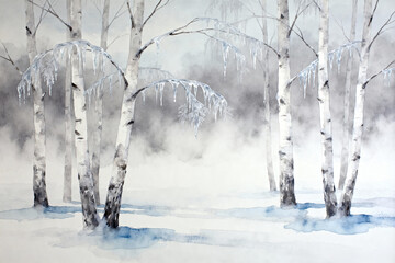 Icy Birch Forest Watercolor Landscape Mural