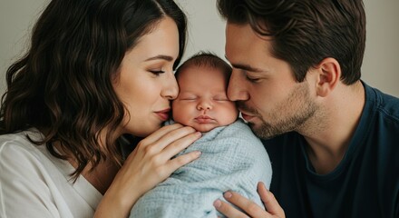 Loving Parents Kissing Their Newborn Baby Daughter Wrapped in a Blue Blanket Close Up Portrait
