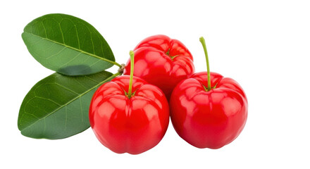 Isolated Acerola cherries with stem and green leaves, fresh bright red tropical fruit, healthy food