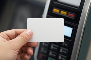 Obraz premium Close up hand holding blank white card near payment terminal represents cashless transactions