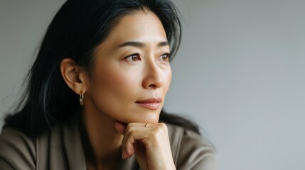 A portrait of a thoughtful asian woman gazing off-camera, exuding introspection and serenity, captured with soft, natural lighting and subtle color.