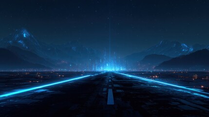 Abstract futuristic landscape with glowing neon road leading towards distant city
