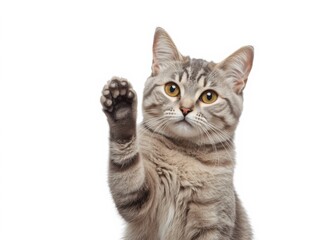Fototapeta premium Curious tabby kitten raising its paw as if to ask a question on a clean bright setting